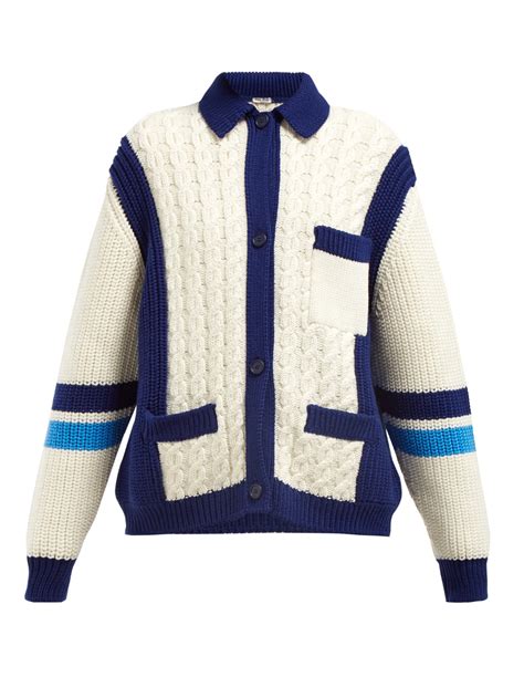 miu miu intarsia-stripe and cable-knit wool cardigan|miumiu cashmere cardigan.